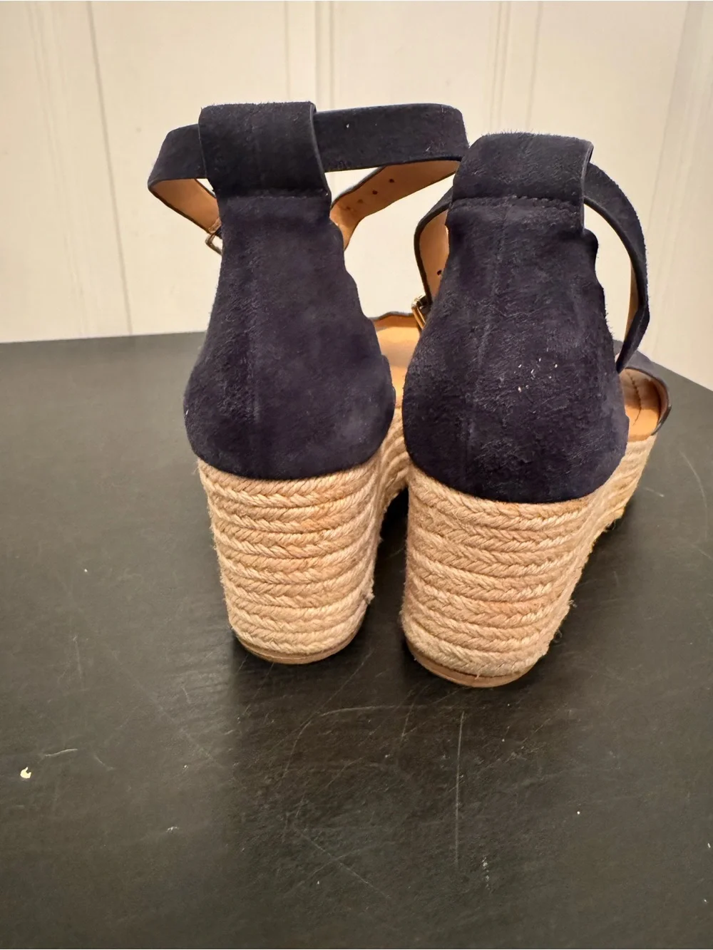 J. by J Crew Platform Suede Scalloped Flatform Espadrilles Wedge Sandal 8 Navy
